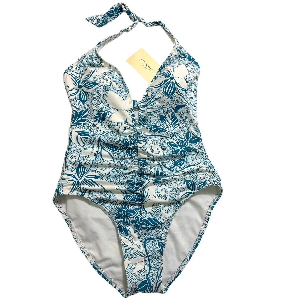 St. John Swim Halter One Piece Swimsuit Women 8 Teal Floral Ruched Retro 90s NEW
